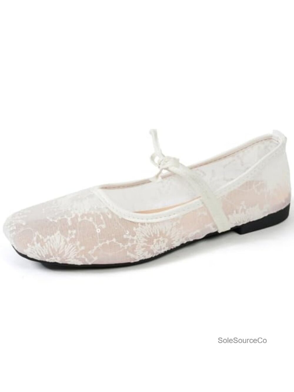 Lace Mesh Ballet Flats Bow Slip On Square Toe Sheer Women's Casual Shoes